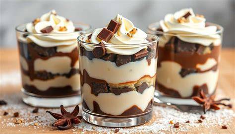 Image d’ensemble: verrines au café, chocolat et speculoos dans des verres transparents, décorés de miettes de speculoos et de chantilly