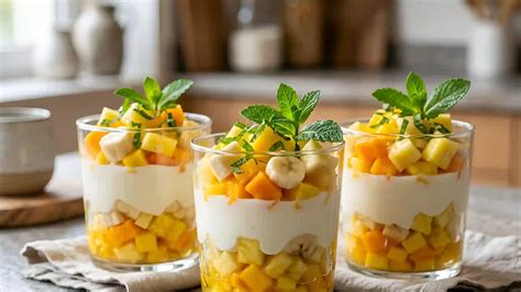 Image d’une composition rapide: trio de verrines gourmandes avec fruits, mousse et crumble