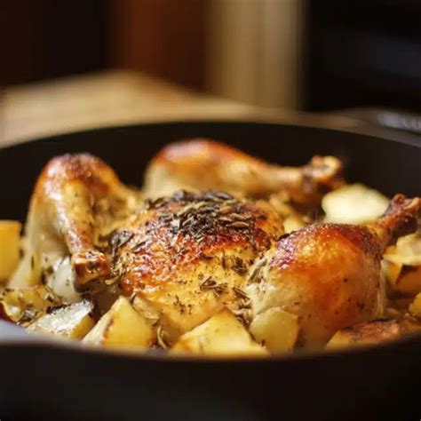 Chapon doré dans une cocotte en fonte