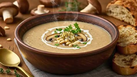 Bol de velouté de poireaux et champignons garni