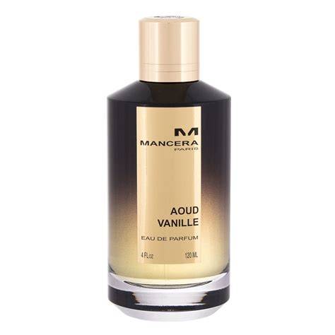 Image d'une bouteille Mancera Aoud Vanille sur fond sombre, style luxueux