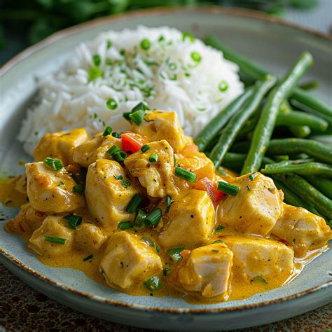 Un bol de poulet au curry et lait de coco avec du riz