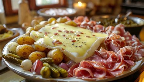 assiette d'accompagnements pour fondue : charcuterie, pommes de terre, cornichons