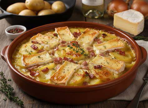 Illustration d’un plat de tartiflette doré et appétissant sur un lit de salade