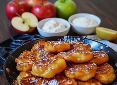 Poêle avec des beignets aux pommes en cuisson