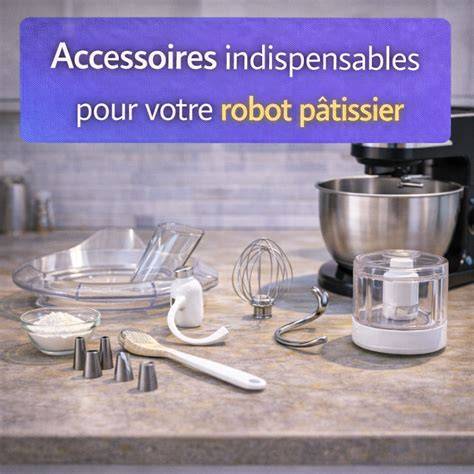 Infographie: pièces et accessoires typiques d'un robot pâtissier