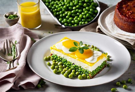 Vue aérienne d'une assiette d'œufs mollets, petits pois et chorizo, joliment dressée