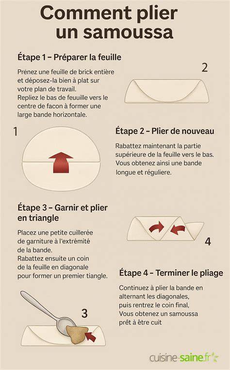 image: schéma de fermeture des samoussas et étapes de pliage