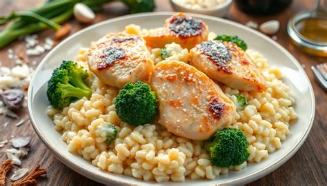 Un bol de risotto crémeux avec du poulet et du pesto