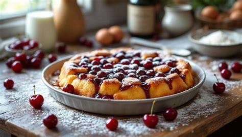 Illustration montrant les étapes essentielles du clafoutis et un moule beurré prêt à recevoir les cerises