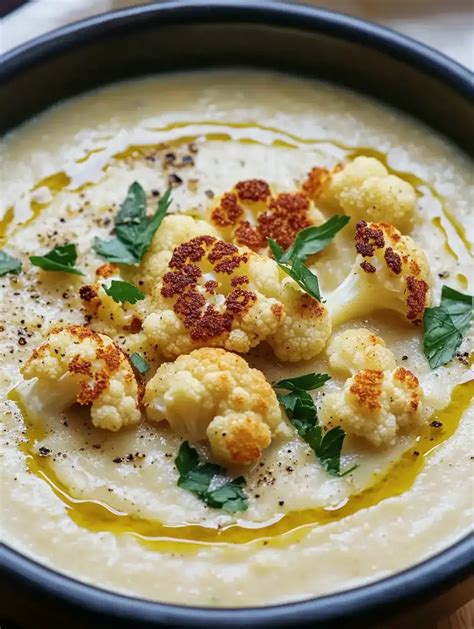 Assiette de crème de chou-fleur garnie de persil et pistaches