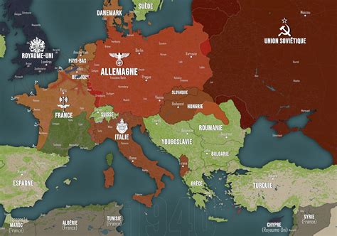 Carte de l'Europe en 1940 montrant l'avancée allemande