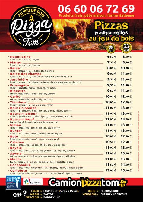 Carte des pizzas et suggestions du chef