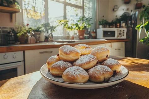 Une table de cuisine avec des beignets faits maison, certains saupoudrés de sucre glace, d'autres prêts à être fourrés.