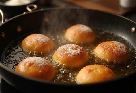 Une friteuse avec des beignets flottant dans l'huile chaude, prenant une couleur dorée.