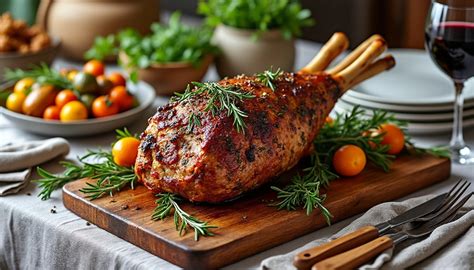 Vue aérienne d'une table de fête avec un gigot d'agneau au centre