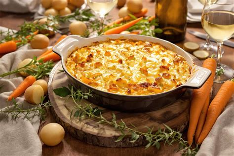 Gratin de pommes de terre, petits pois et carottes