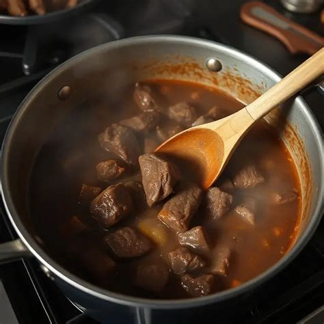 Morceaux de viande mijotant dans une sauce aromatique dans une marmite