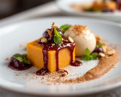 Assiette de dessert dressée avec gâteau patate douce, sorbet et mousse