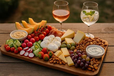 Image: planche d’apéritifs estivaux et verres de vin